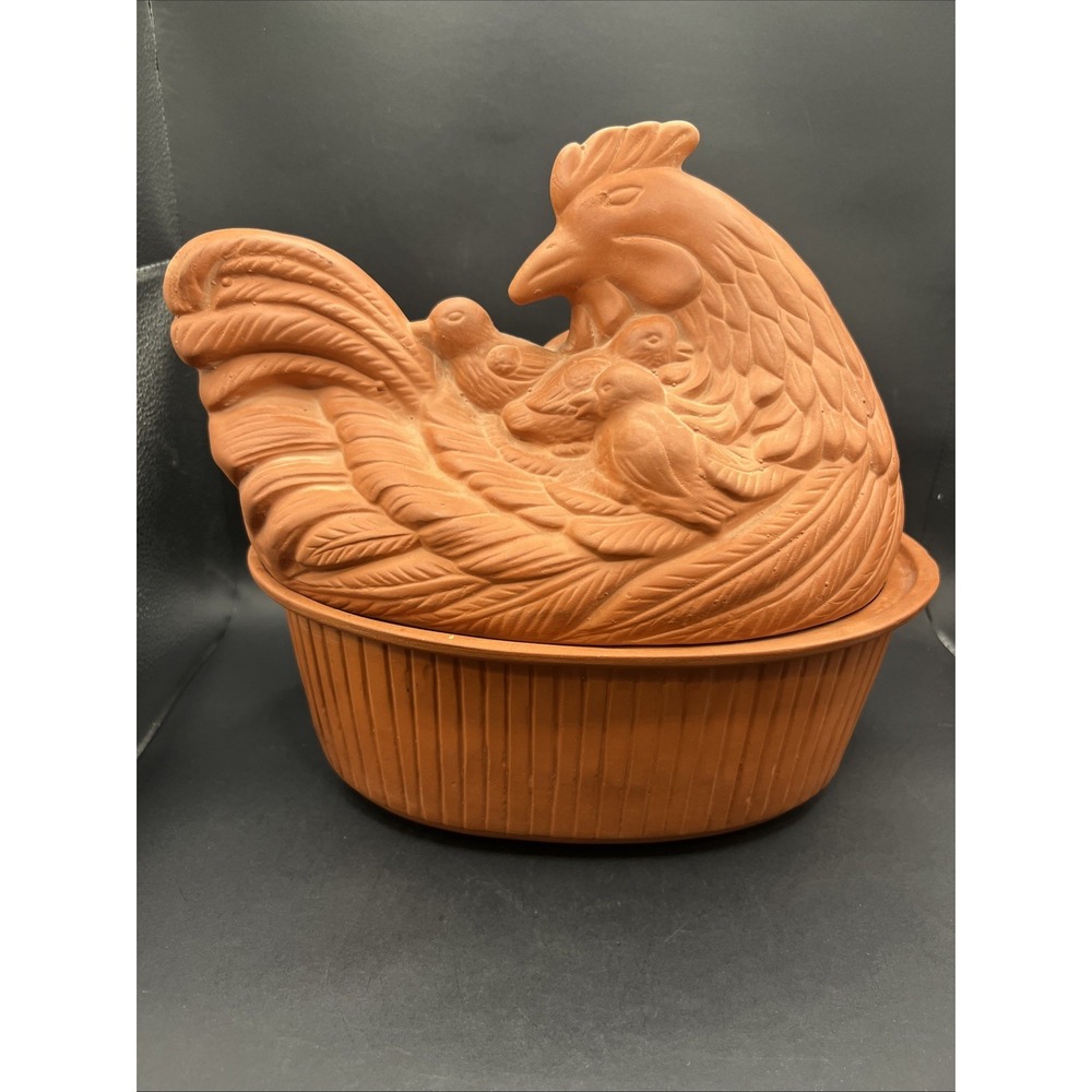 Vtg 1981 Gourmet Topf 233 Unglazed Terracotta Chicken Baker Roaster Hen on Nest‎